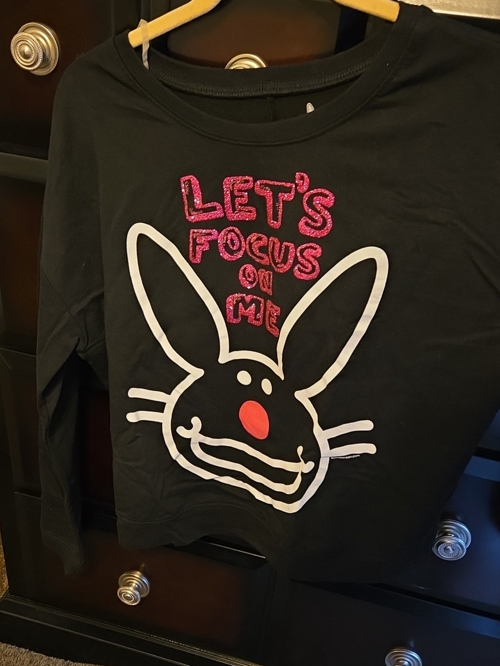 Black Womens Long-Sleeve Graphic Top with Bunny and Pink Glitter Text